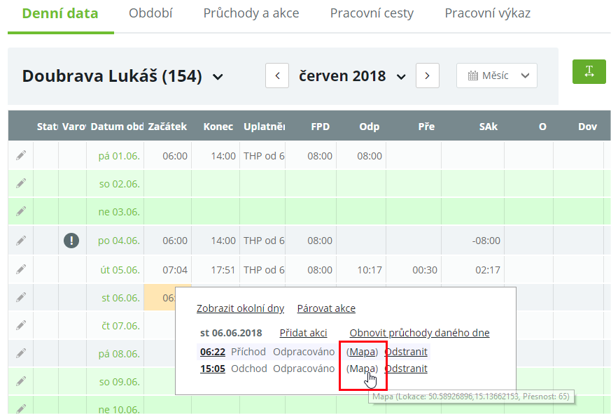 Obr. 24: Zobrazení geografických dat průchodu v záložce „Denní data“